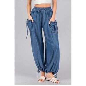 Sage + Fig medium wash cargo-style wide-leg jogger pants soft-washed Tencel